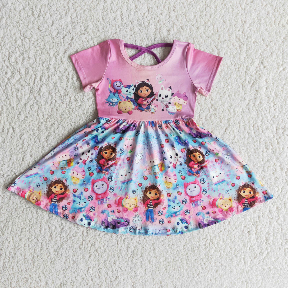 Short sleeve cute cat print baby girls twirl summer dresses
