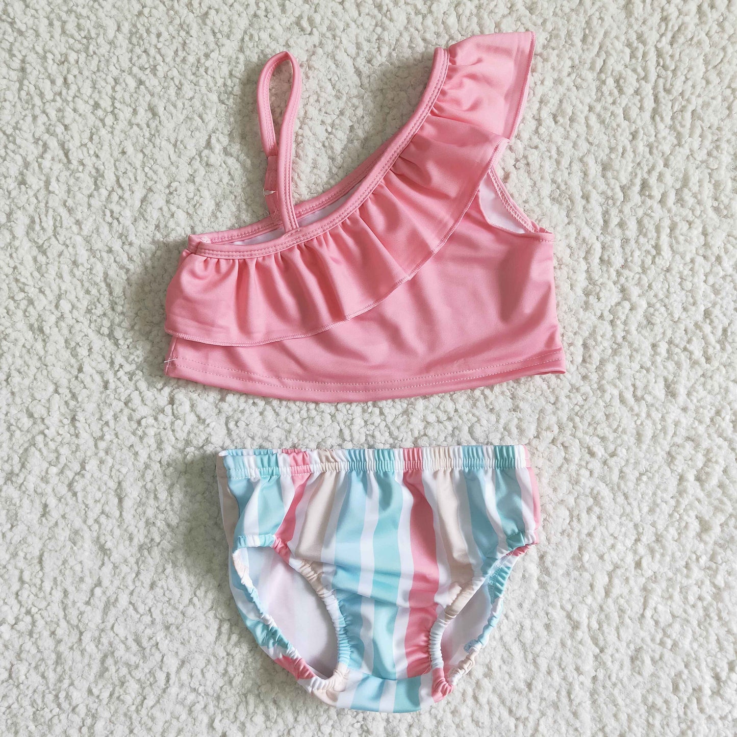 Pink colorful stripe baby girls summer swimsuit