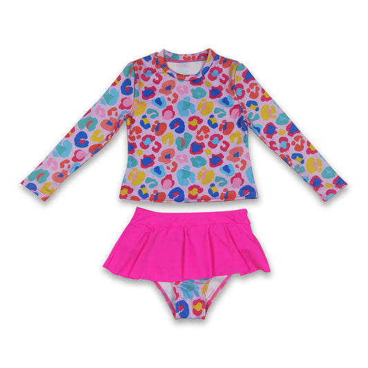 Colorful leopard long sleeves shirt lining baby girls swimsuit
