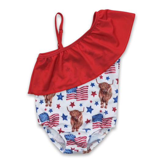 Highland cow flag one pc baby girls 4th of july swimsuit