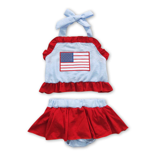 Flag embroidery seesucker girls 4th of july clothing