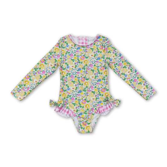 Long sleeves yellow floral pink plaid baby girls swimsuit
