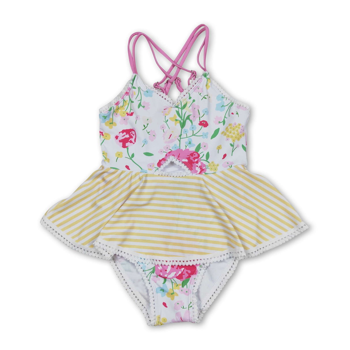 Yellow stripe floral girls one pc summer swimsuit