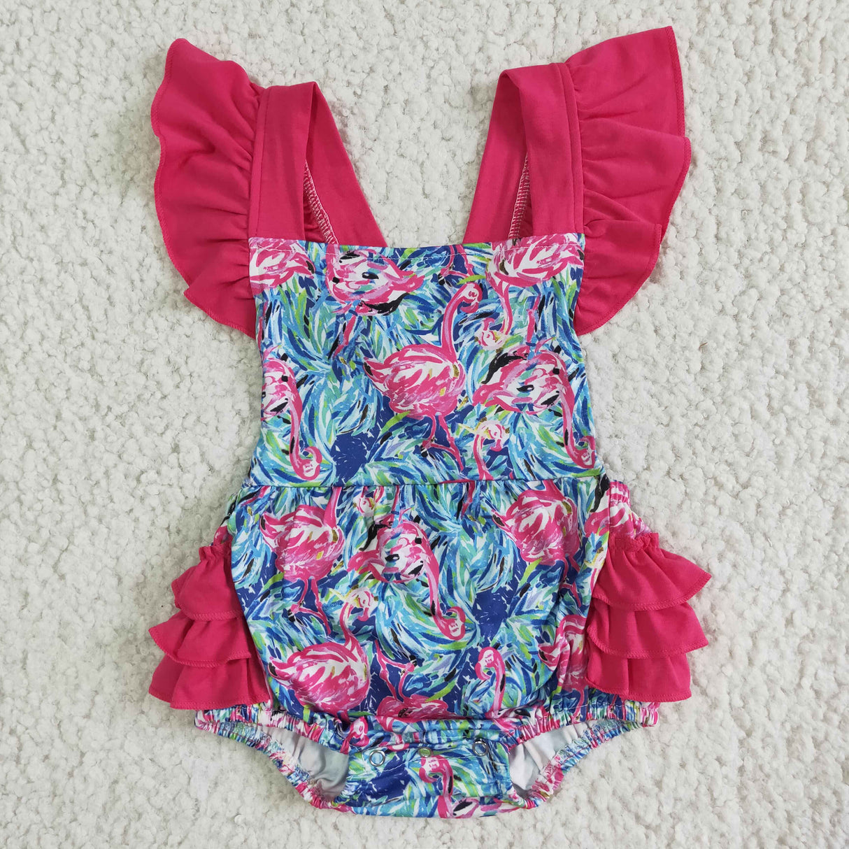Flutter sleeve flamingo ruffle bubbles kids baby romper