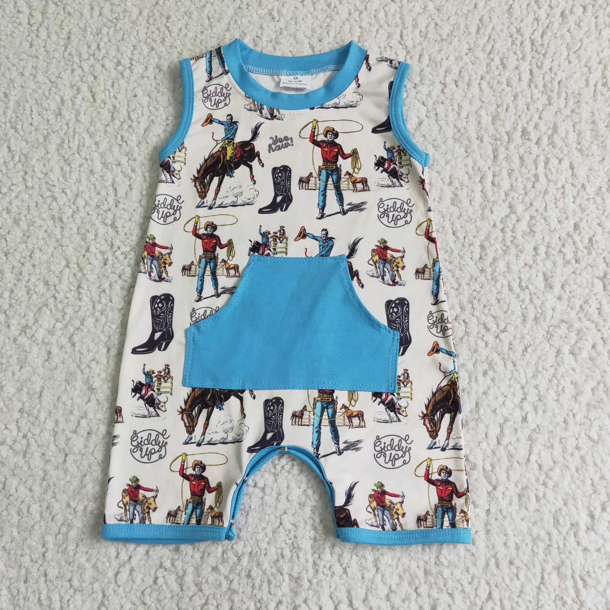 Sleeveless horse boots pocket baby boy romper