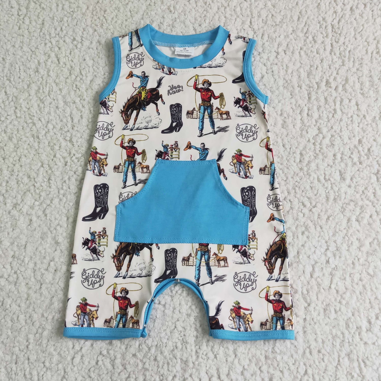 Sleeveless horse boots pocket baby boy romper