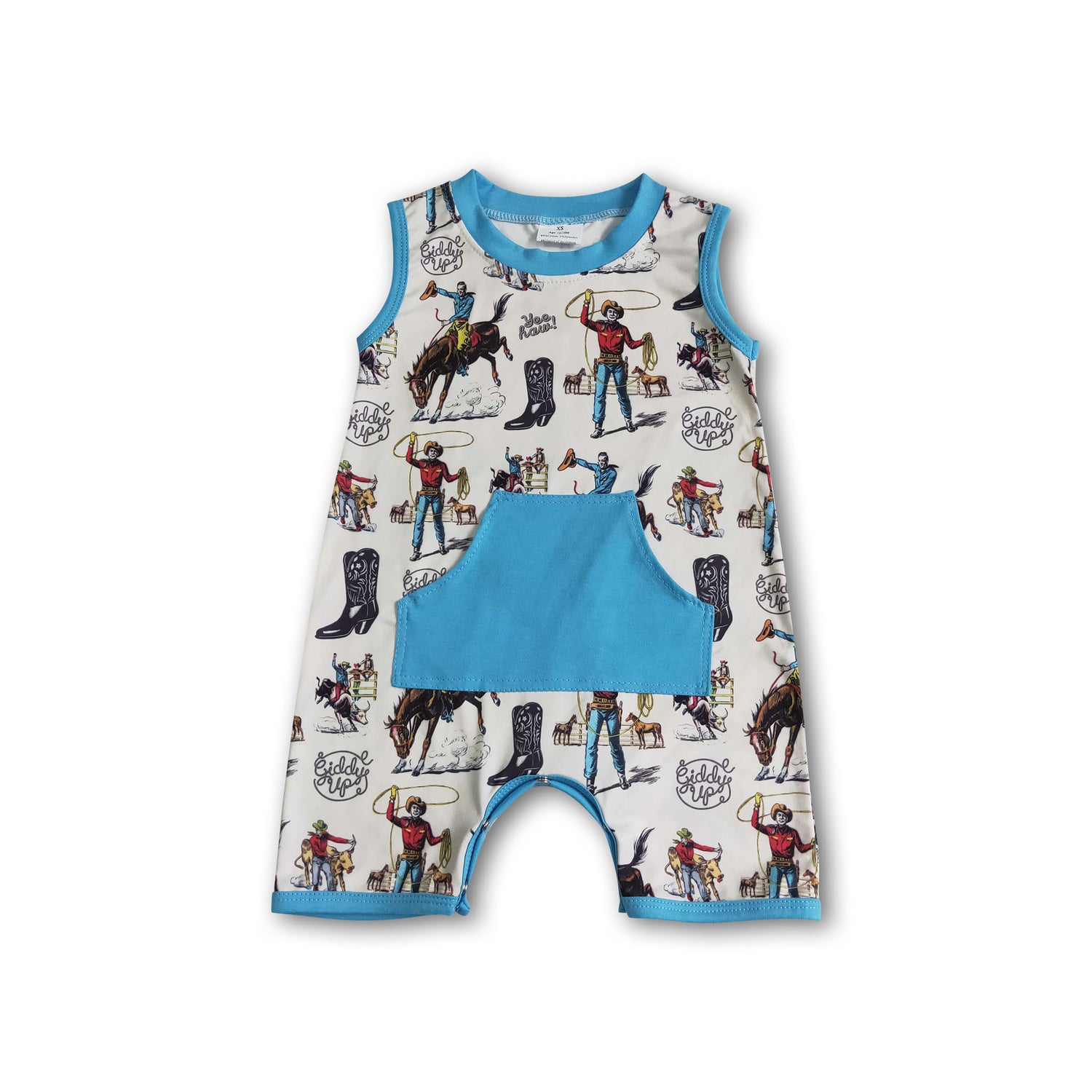 Sleeveless horse boots pocket baby boy romper