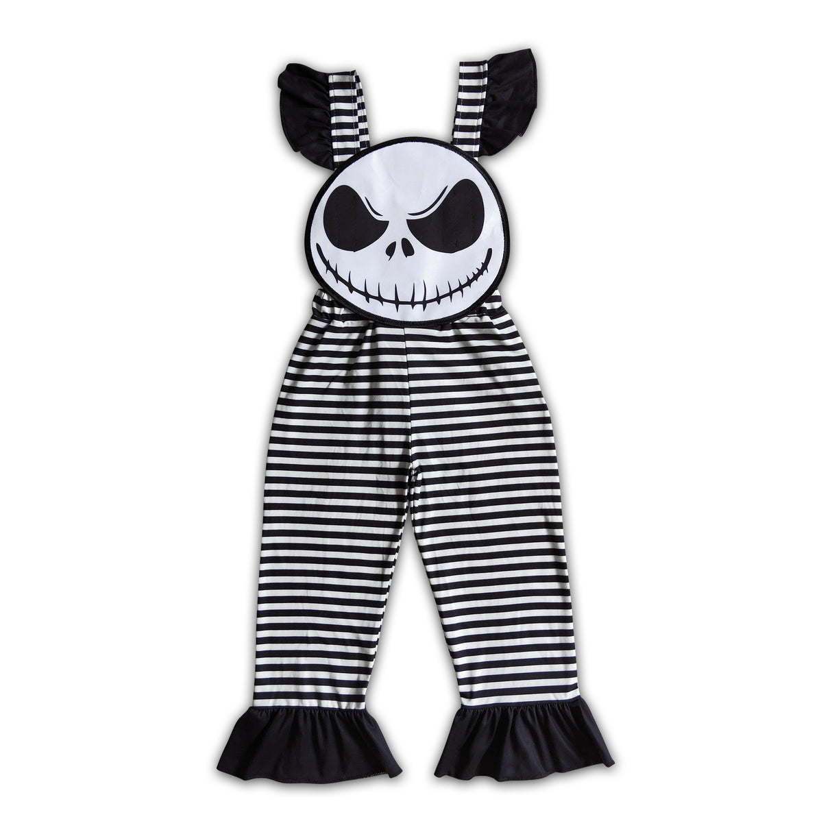 Skull embroidery black white stripe kids girls Halloween overalls