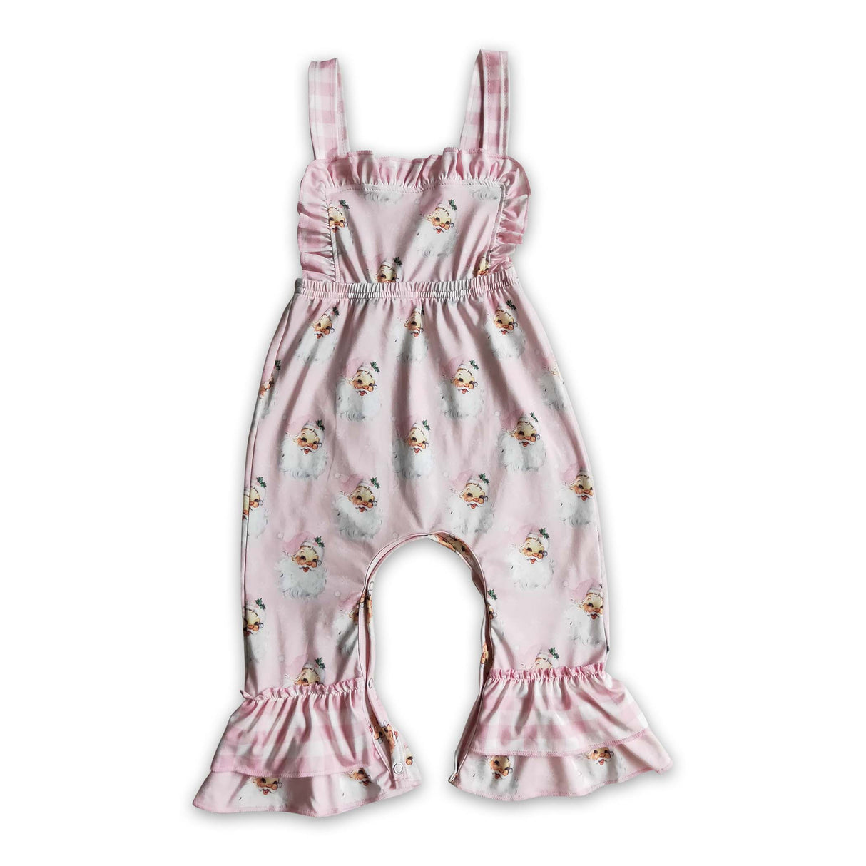 Pink santa plaid ruffle kids girls Christmas overalls