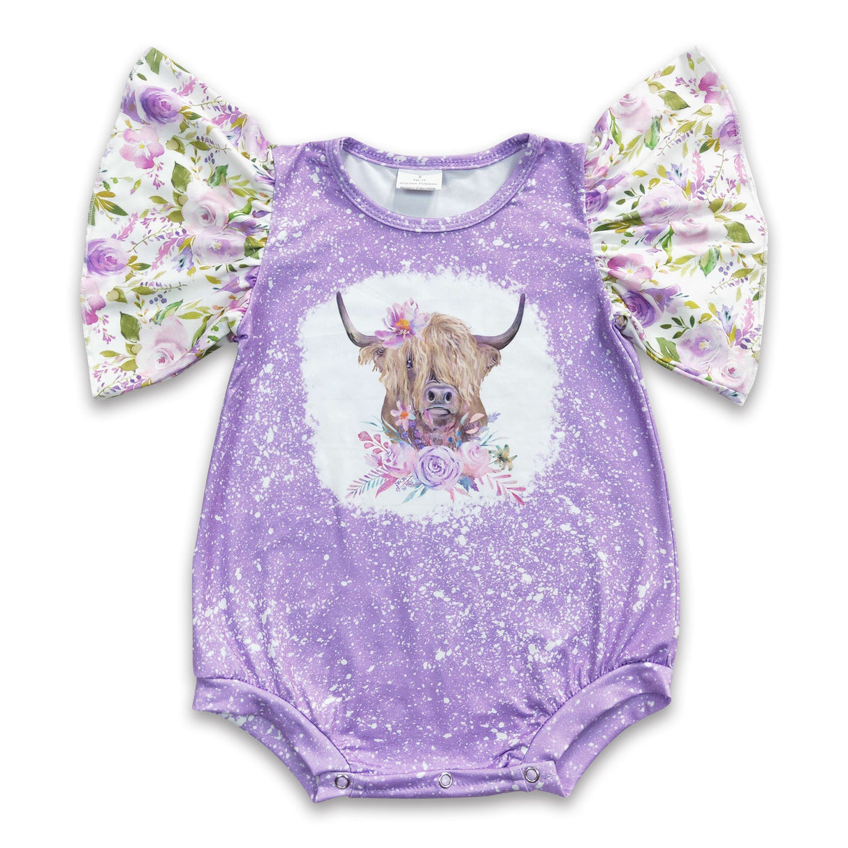 Lavender floral highland cow baby girls western romper