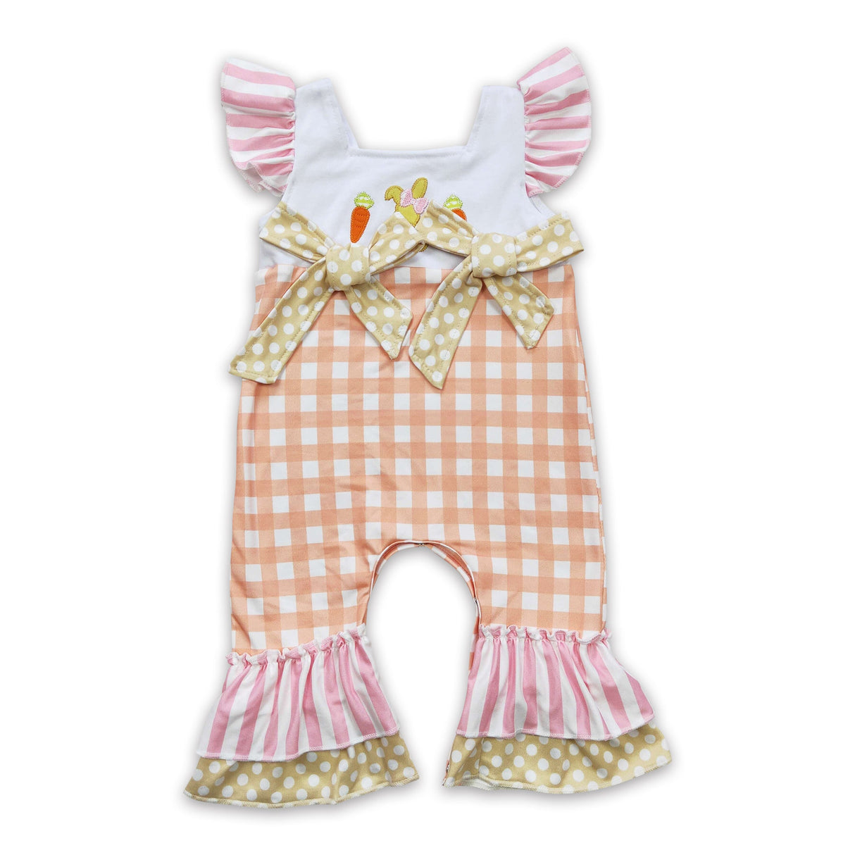 Rabbit carrot embroidery plaid baby girls easter romper
