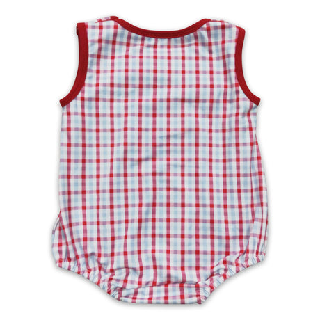 Crab embroidery plaid sleeveless baby boy summer romper