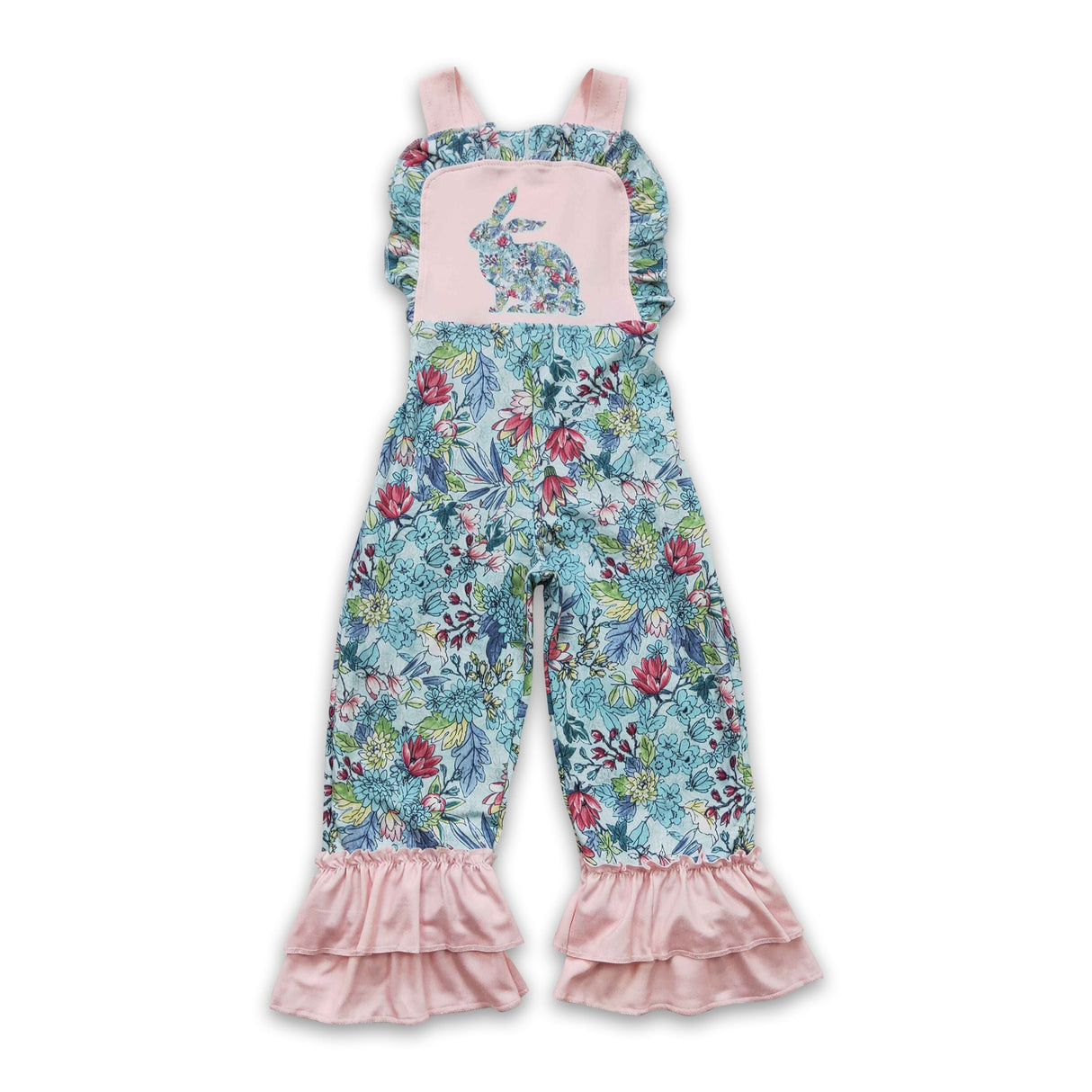 Floral bunny baby girls ruffle easter overalls