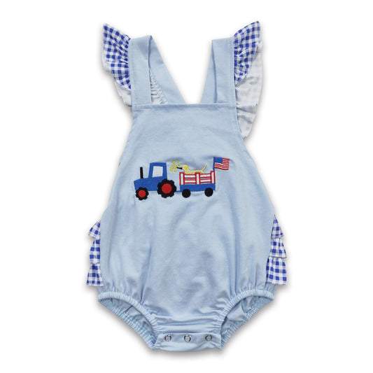 Dog truck flag embroidery baby girl 4th of july romper