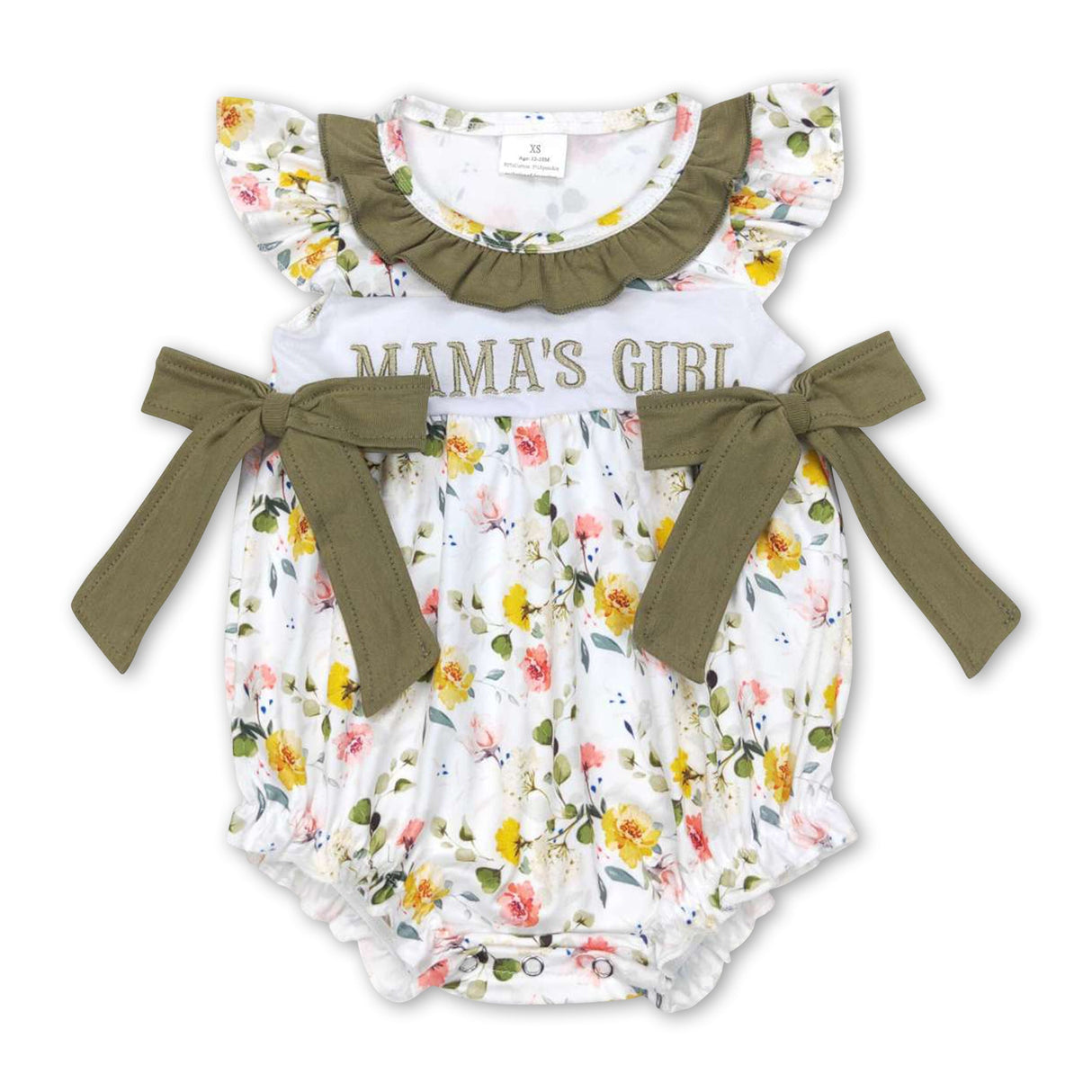 Mama's girl olive floral bow baby girls romper