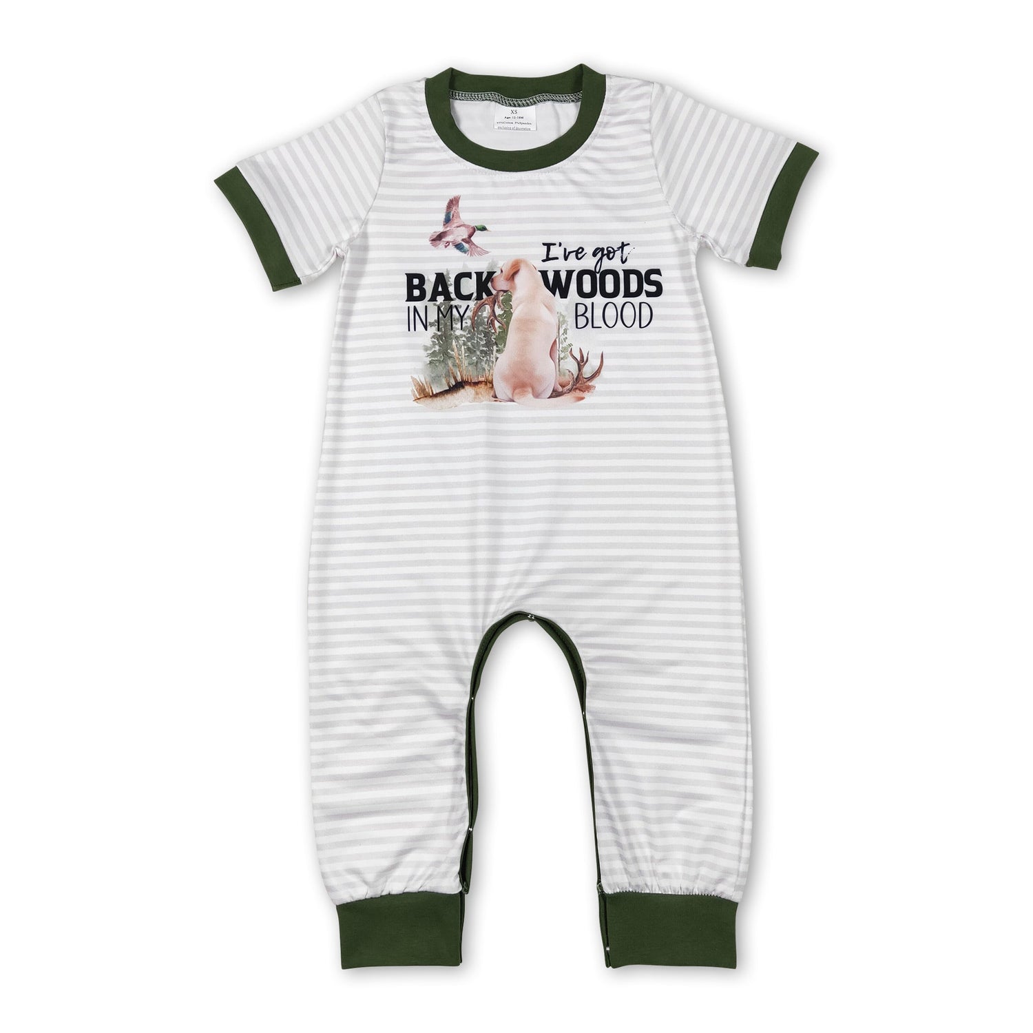 Grey stripe short sleeves duck dog baby boy romper