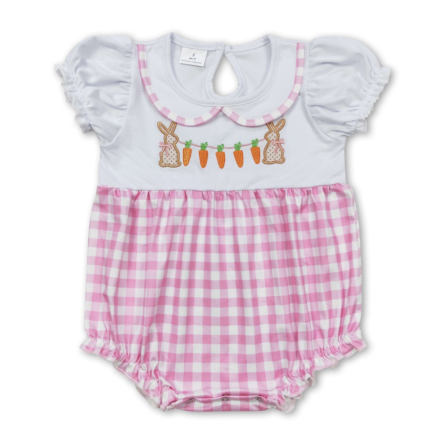 Short sleeves carrot bunny pink plaid girls easter romper
