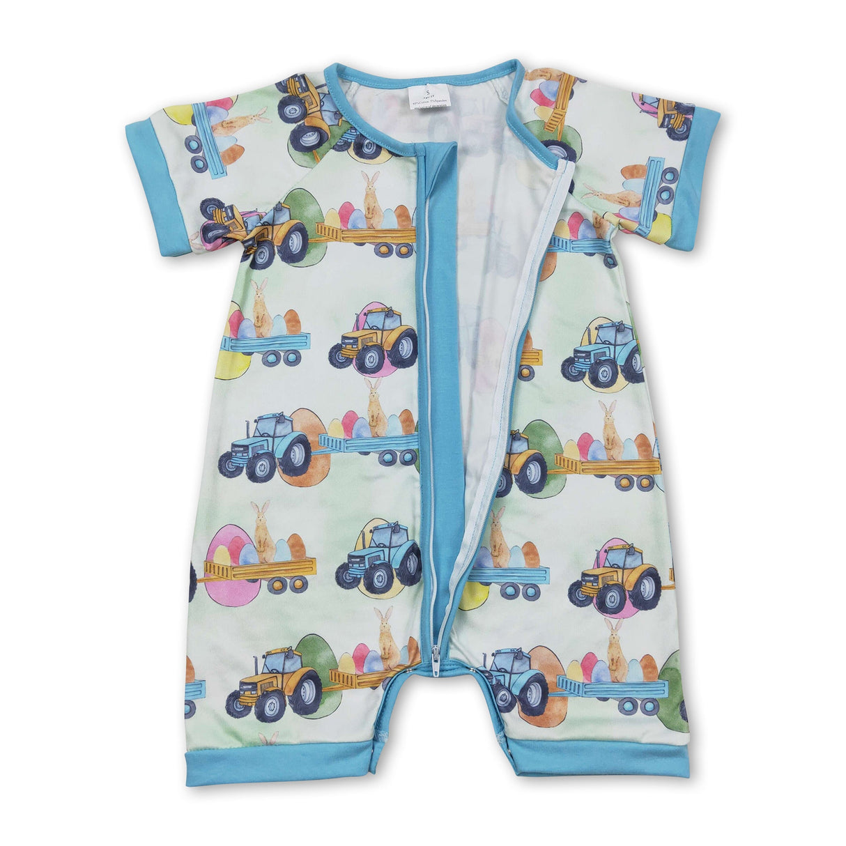 Blue eggs tractor bunny baby boy zipper easter romper