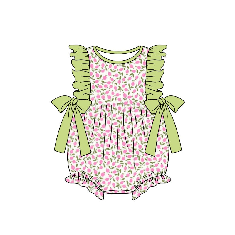 Ruffle pink floral bow baby girls summer romper