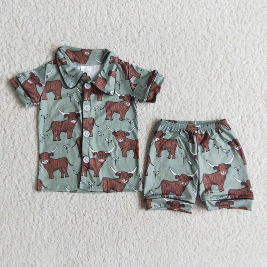 Green cow print boy short sleeve shorts summer pajamas