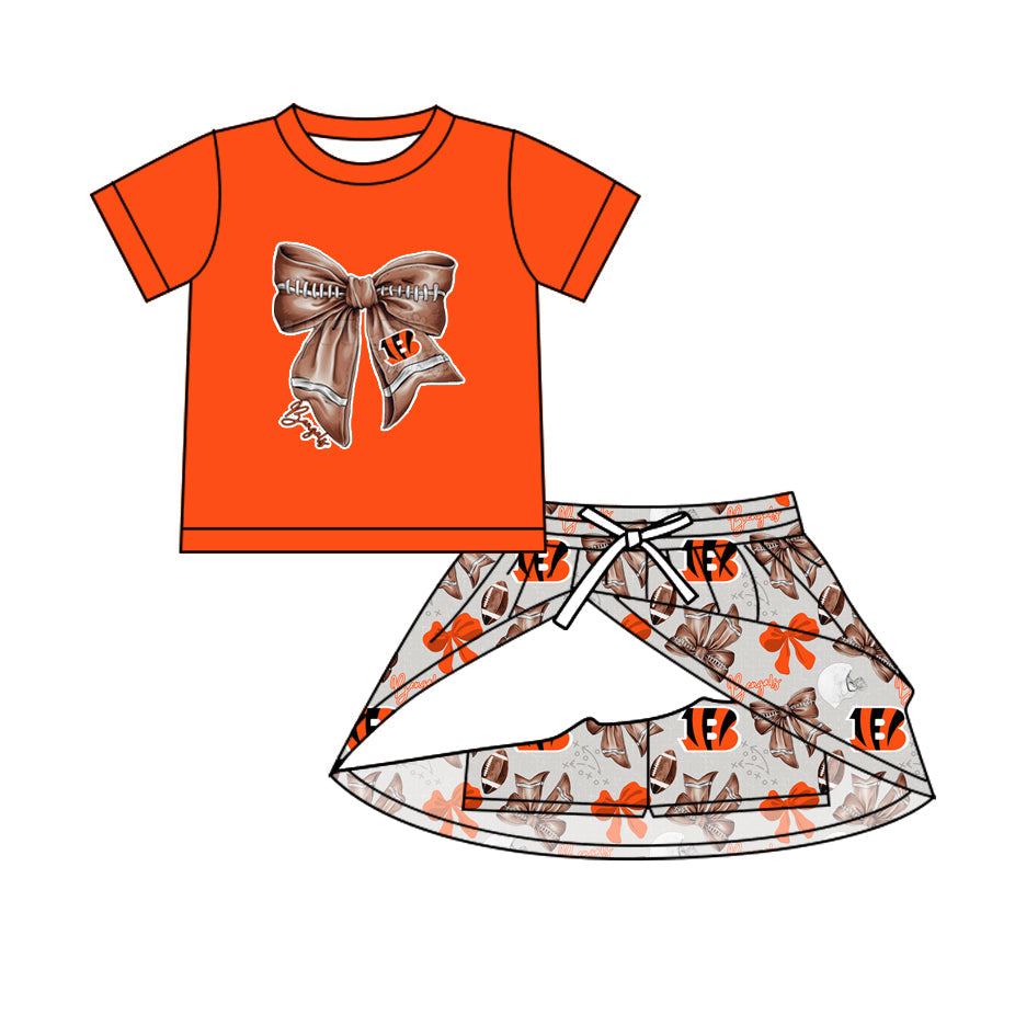 MOQ 5 pcs orange B football bow top skirt girls team outfits