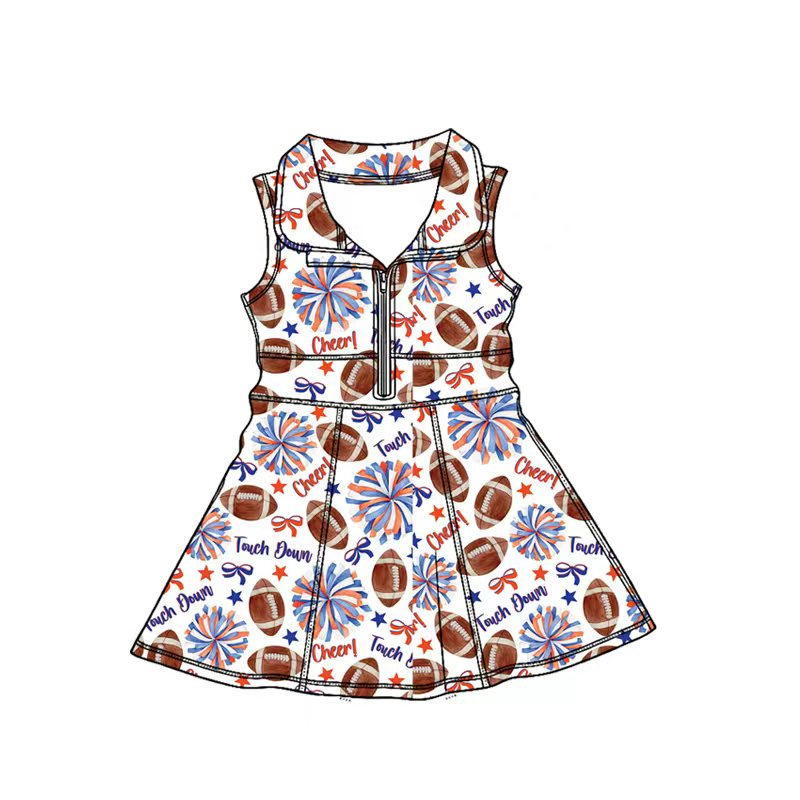 MOQ 5 pcs sleeveless football blue orange bows girls team athletic dress