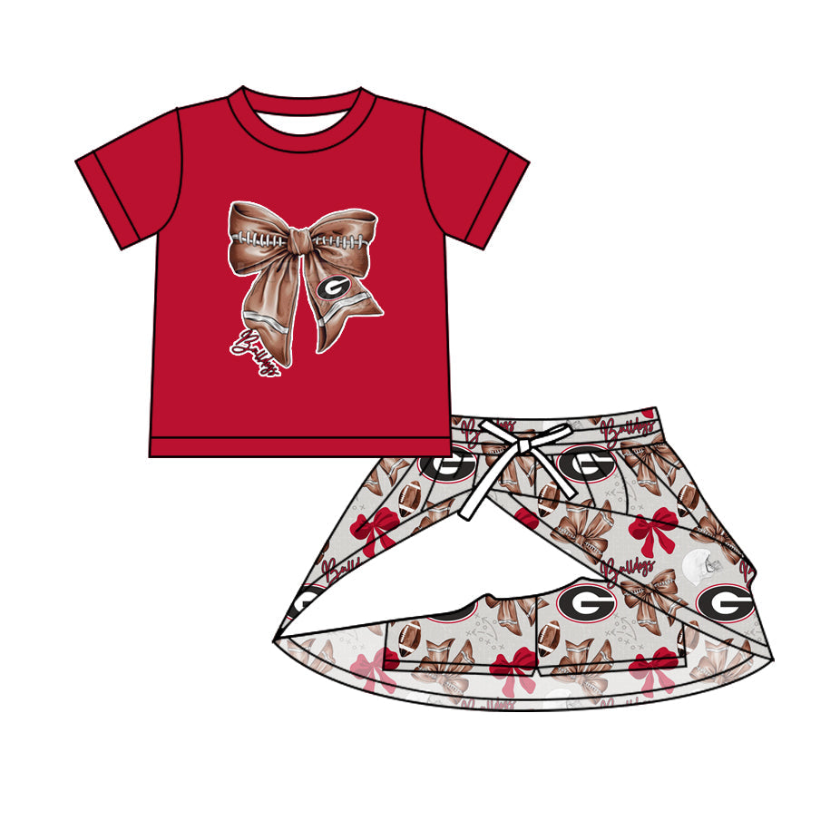 MOQ 5 pcs red G football bow top skirt girls team outfits