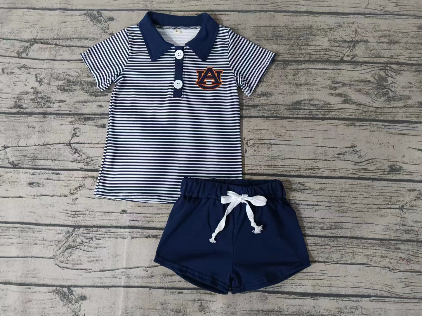 MOQ 3 pcs A U navy stripe polo shirt shorts boy team clothes