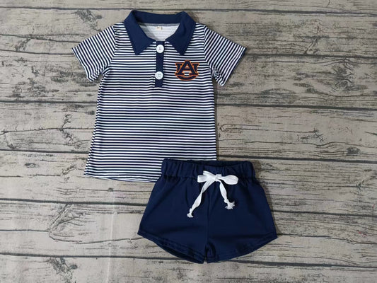 MOQ 3 pcs A U navy stripe polo shirt shorts boy team clothes