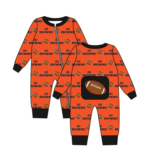 MOQ 3 pcs long sleeves orange football baby team zipper romper