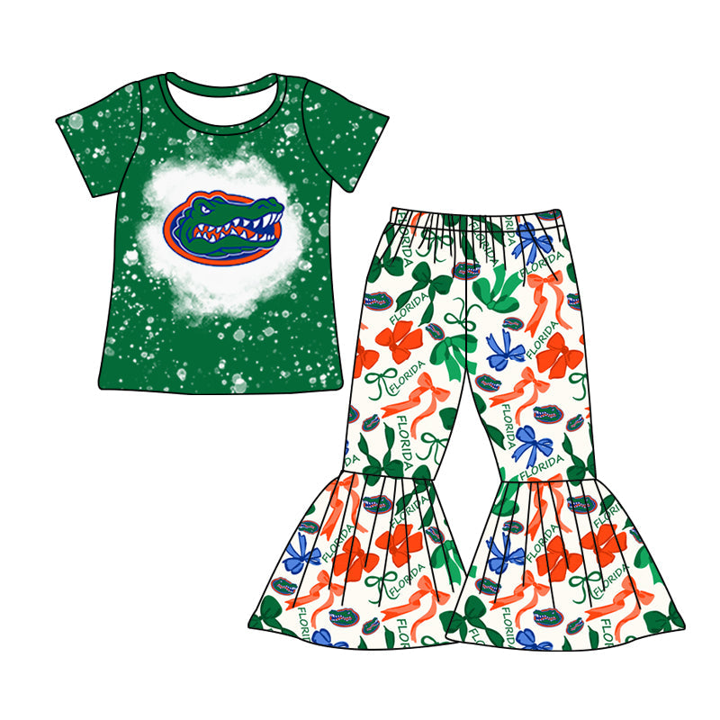 MOQ 3 pcs Bleached crocodile top bow pants kids girls team clothes