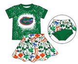 MOQ 3 pcs green crocodile bleached top bow skirt girls team outfits