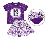 MOQ 3 pcs purple N bleached top bow skirt girls team outfits