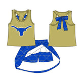 MOQ 5 pcs sleeveless blue bow top skorts kids girls team outfits