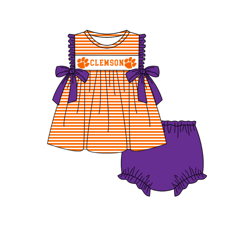 MOQ 5 pcs orange stripe purple bow tunic bummies baby girls team set