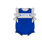 MOQ 5 pcs blue flying sleeves white polka dots bow UK baby girls team romper