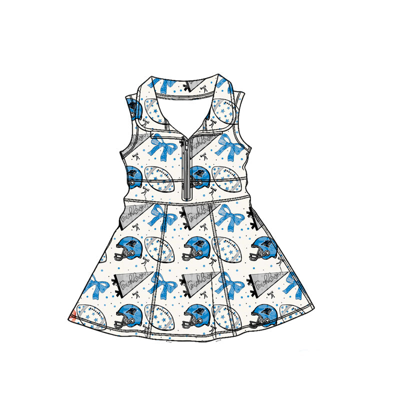 MOQ 5 pcs sleeveless light blue bow girls zipper team athletic dress