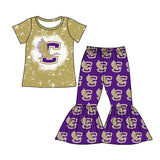 MOQ 5 purple bleached top bell bottom pants girls team outfits