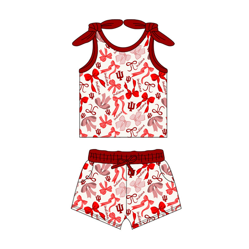 MOQ 3 pcs sleeveless I U red bow top shorts girls team clothes