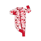 MOQ 3 pcs long sleeves red O M bows baby team zip romper