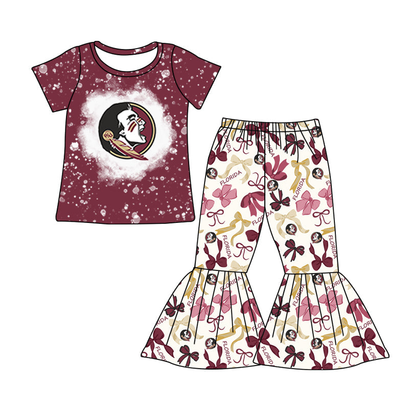 MOQ 3 pcs Bleached feather top bow pants kids girls team clothes