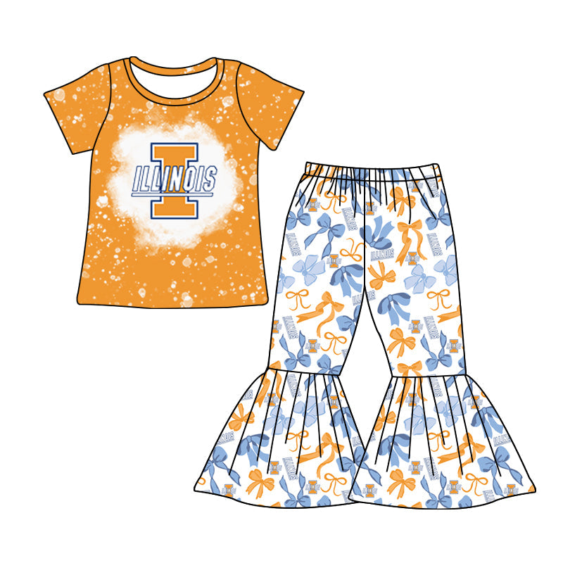 MOQ 3 pcs bleached yellow I top bow pants girls team clothes