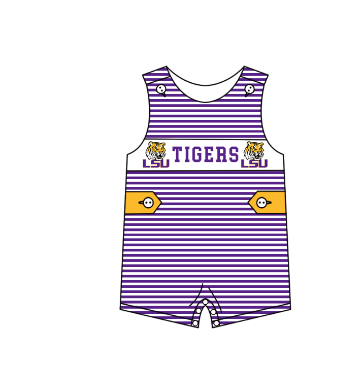 MOQ 5 pcs purple stripe sleeveless LSU baby boys team romper