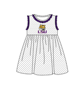 MOQ 5 pcs purple ruffle sleeveless white polka dots LSU girls team dresses
