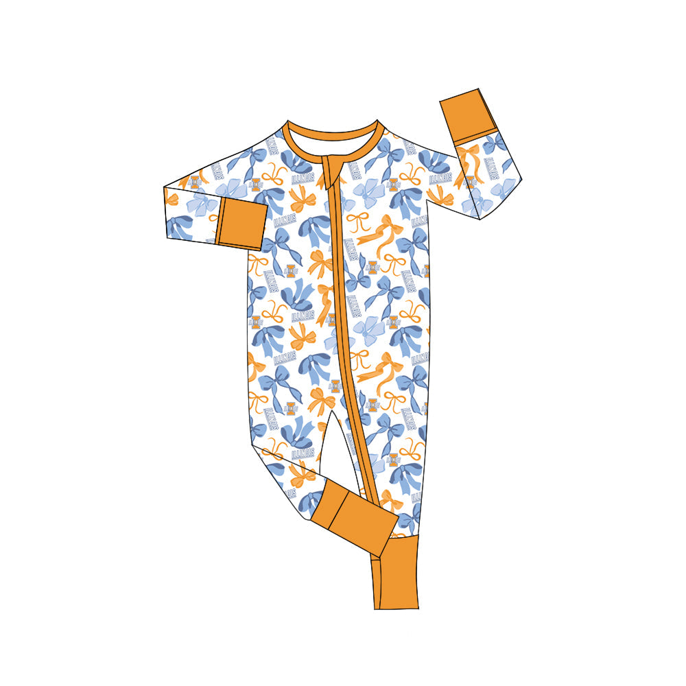 MOQ 3 pcs long sleeves I yellow bows baby team zip romper