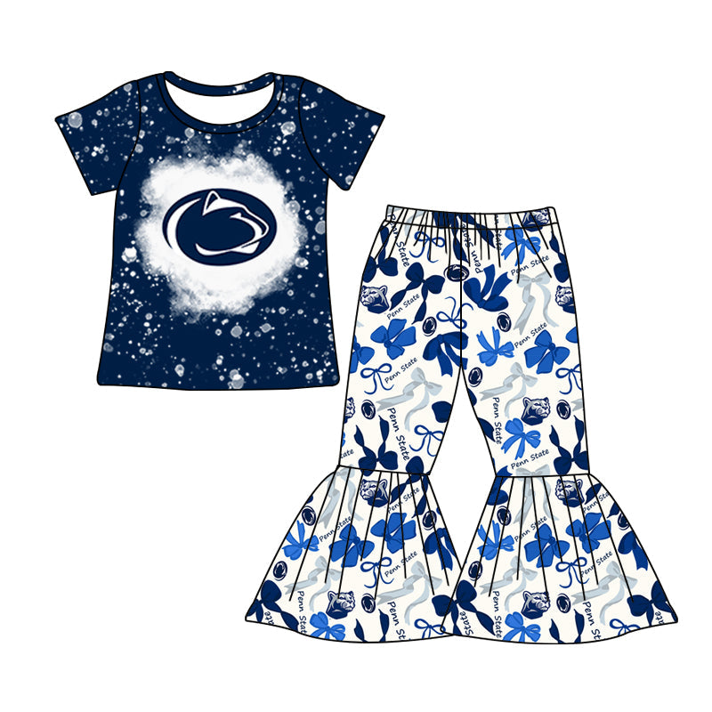 MOQ 3 pcs Bleached blue P top bow pants kids girls team clothes