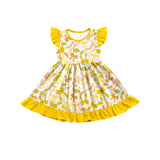 MOQ 3 pcs flutter sleeves yellow bows girls team dress