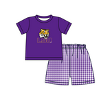 MOQ 5 pcs purple short sleeves LSU top plaids shorts boys team outfit