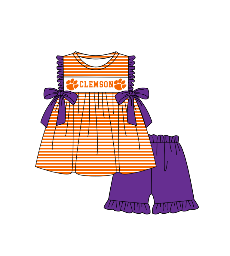 MOQ 5 pcs orange stripe purple bow tunic ruffle shorts girls team outfit