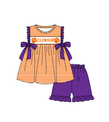 MOQ 5 pcs orange stripe purple bow tunic ruffle shorts girls team outfit